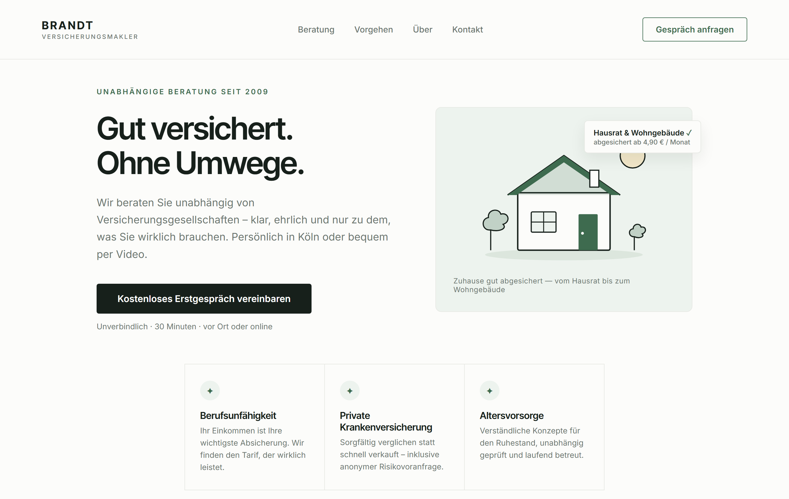 Screenshot einer minimalistischen Makler-Website